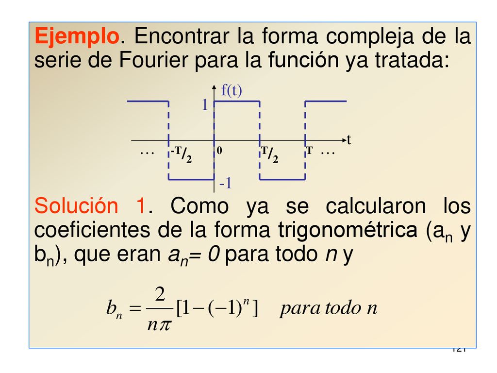 Ejemplo. Encontrar la forma compleja de la serie de Fourier para la función ya tratada: