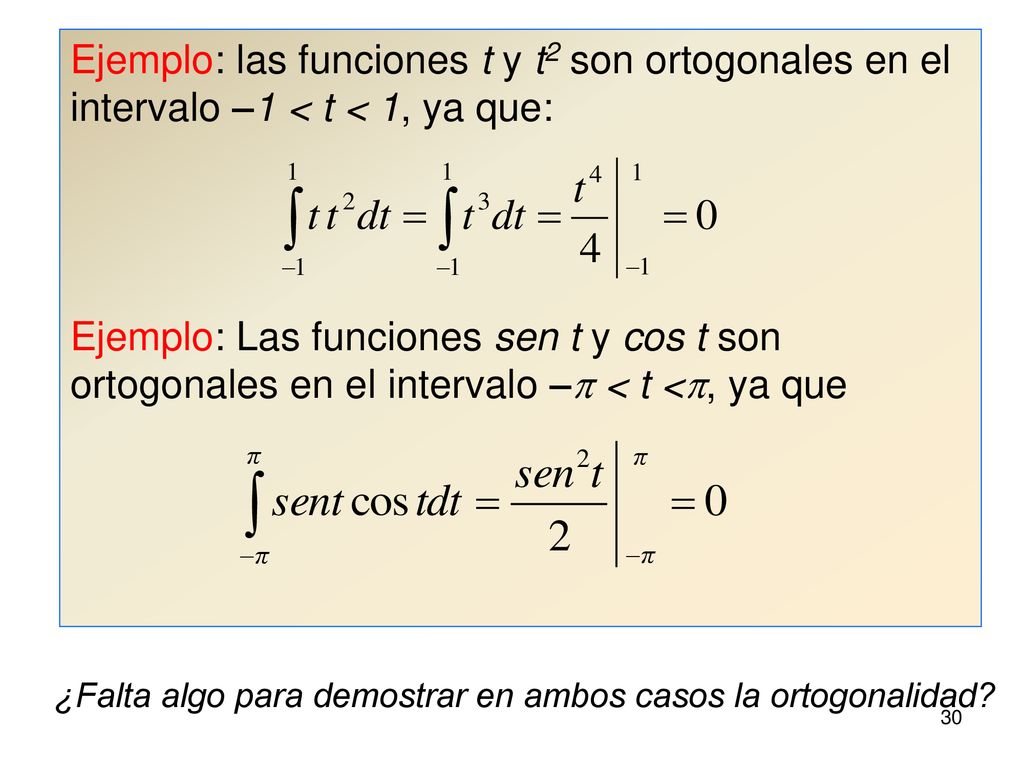 Ejemplo: las funciones t y t2 son ortogonales en el intervalo –1 < t < 1, ya que: