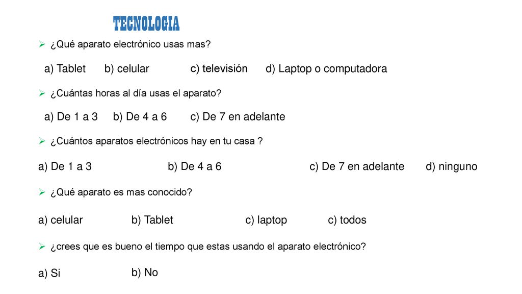 TECNOLOGIA a) Tablet b) celular c) televisión d) Laptop o computadora