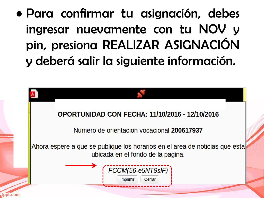 Para confirmar tu asignación, debes ingresar nuevamente con tu NOV y pin, presiona REALIZAR ASIGNACIÓN y deberá salir la siguiente información.
