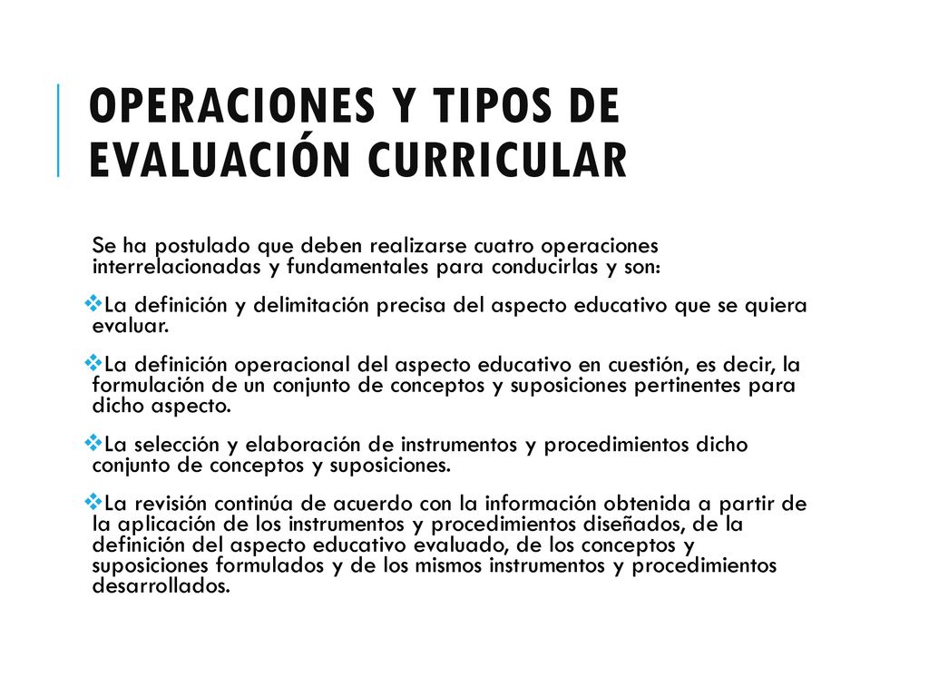 Operaciones y tipos de evaluación curricular