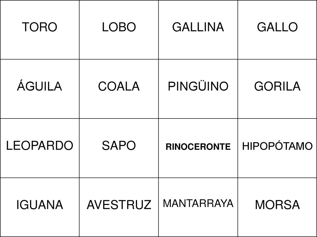 TORO LOBO GALLINA GALLO ÁGUILA COALA PINGÜINO GORILA LEOPARDO SAPO