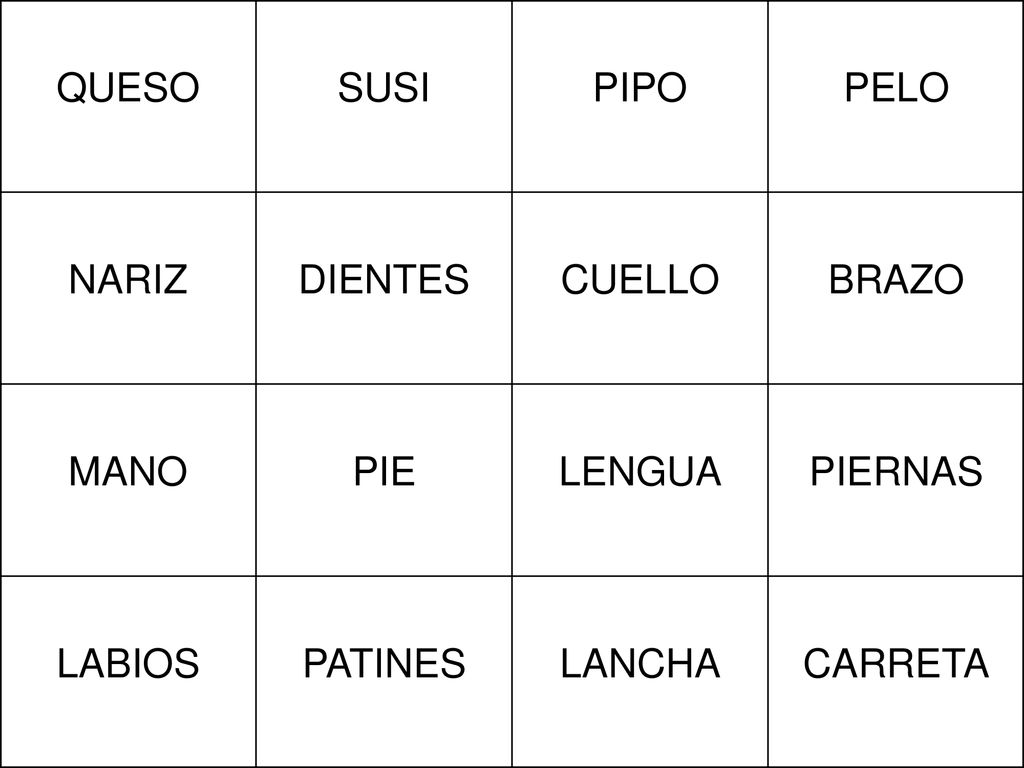 QUESO SUSI. PIPO. PELO. NARIZ. DIENTES. CUELLO. BRAZO. MANO. PIE. LENGUA. PIERNAS. LABIOS.