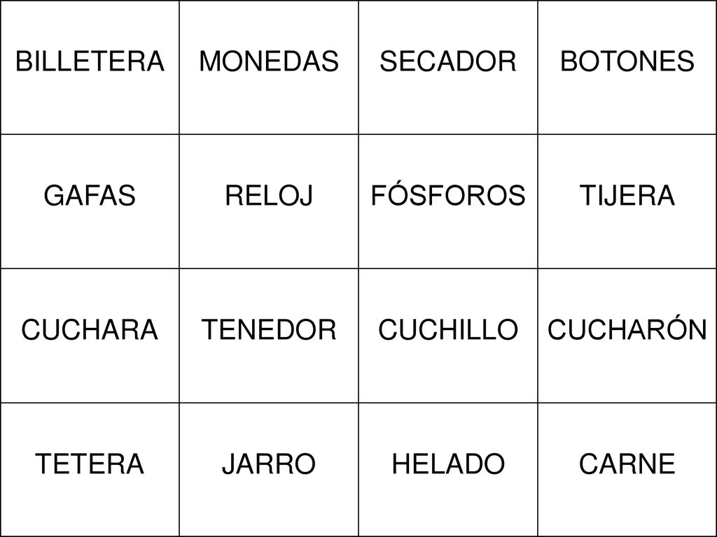 BILLETERA MONEDAS. SECADOR. BOTONES. GAFAS. RELOJ. FÓSFOROS. TIJERA. CUCHARA. TENEDOR. CUCHILLO.