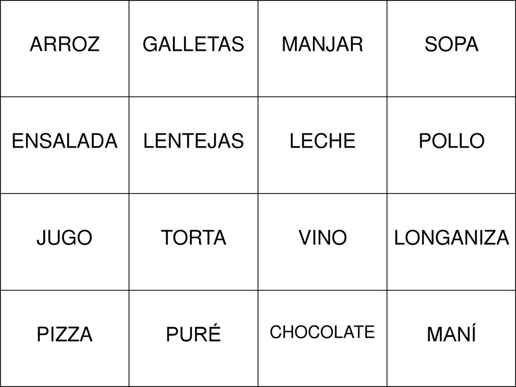 ARROZ GALLETAS MANJAR SOPA ENSALADA LENTEJAS LECHE POLLO JUGO TORTA