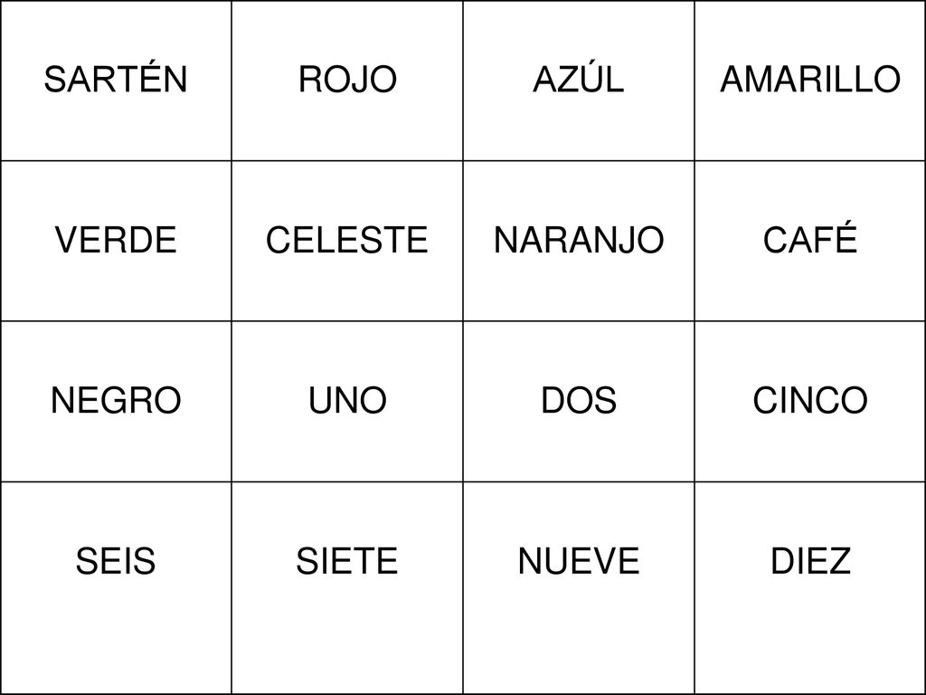 SARTÉN ROJO AZÚL AMARILLO VERDE CELESTE NARANJO CAFÉ NEGRO UNO DOS CINCO SEIS SIETE NUEVE DIEZ