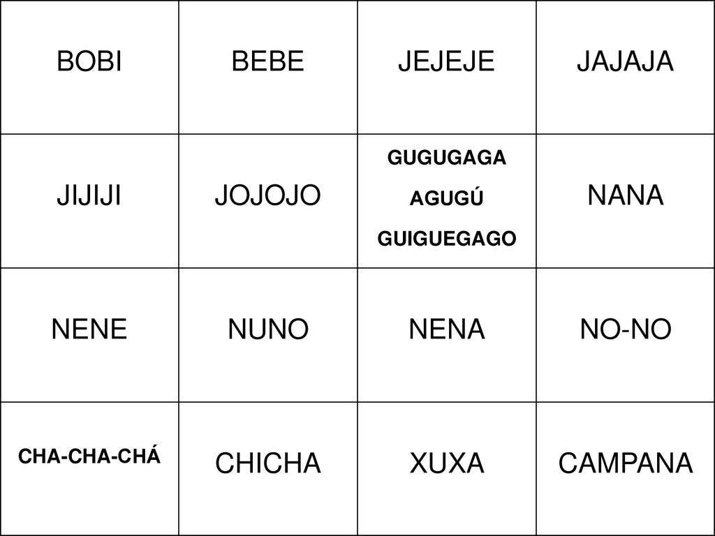 BOBI BEBE JEJEJE JAJAJA JIJIJI JOJOJO NANA NENE NUNO NENA NO-NO CHICHA