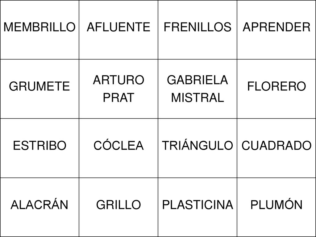 MEMBRILLO AFLUENTE. FRENILLOS. APRENDER. GRUMETE. ARTURO. PRAT. GABRIELA. MISTRAL. FLORERO.