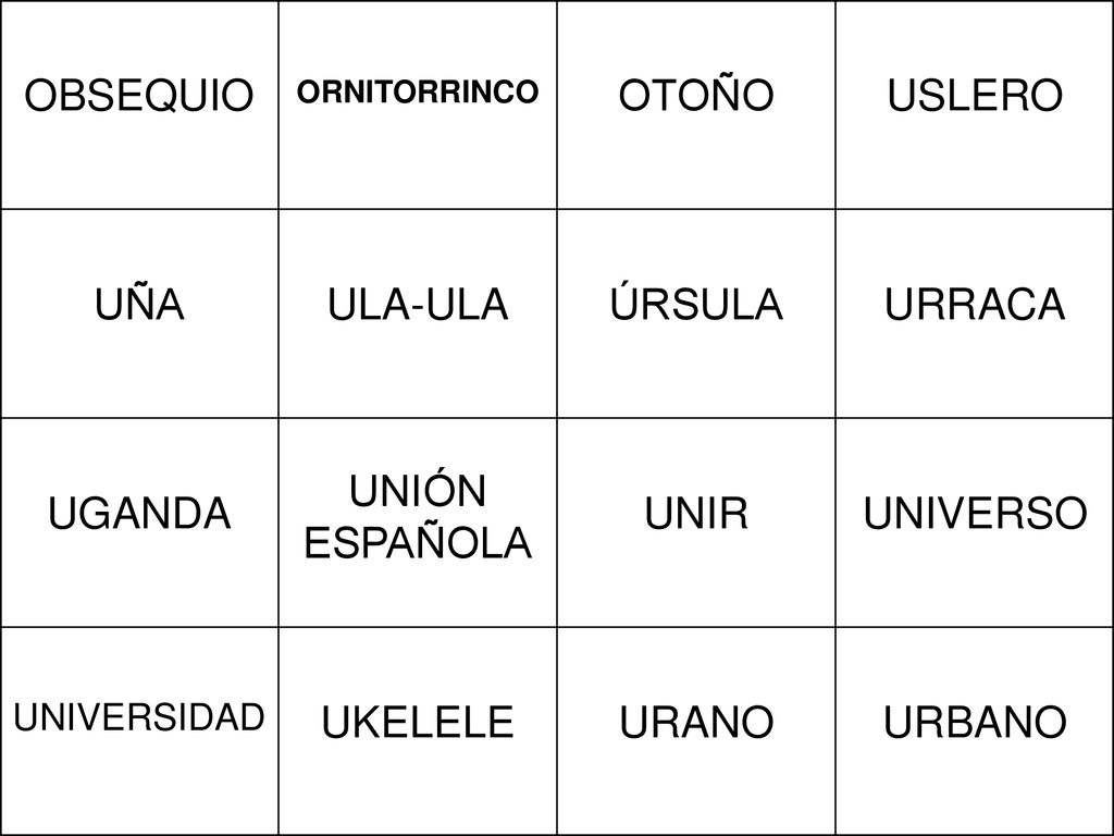 OBSEQUIO OTOÑO USLERO UÑA ULA-ULA ÚRSULA URRACA UGANDA UNIÓN ESPAÑOLA