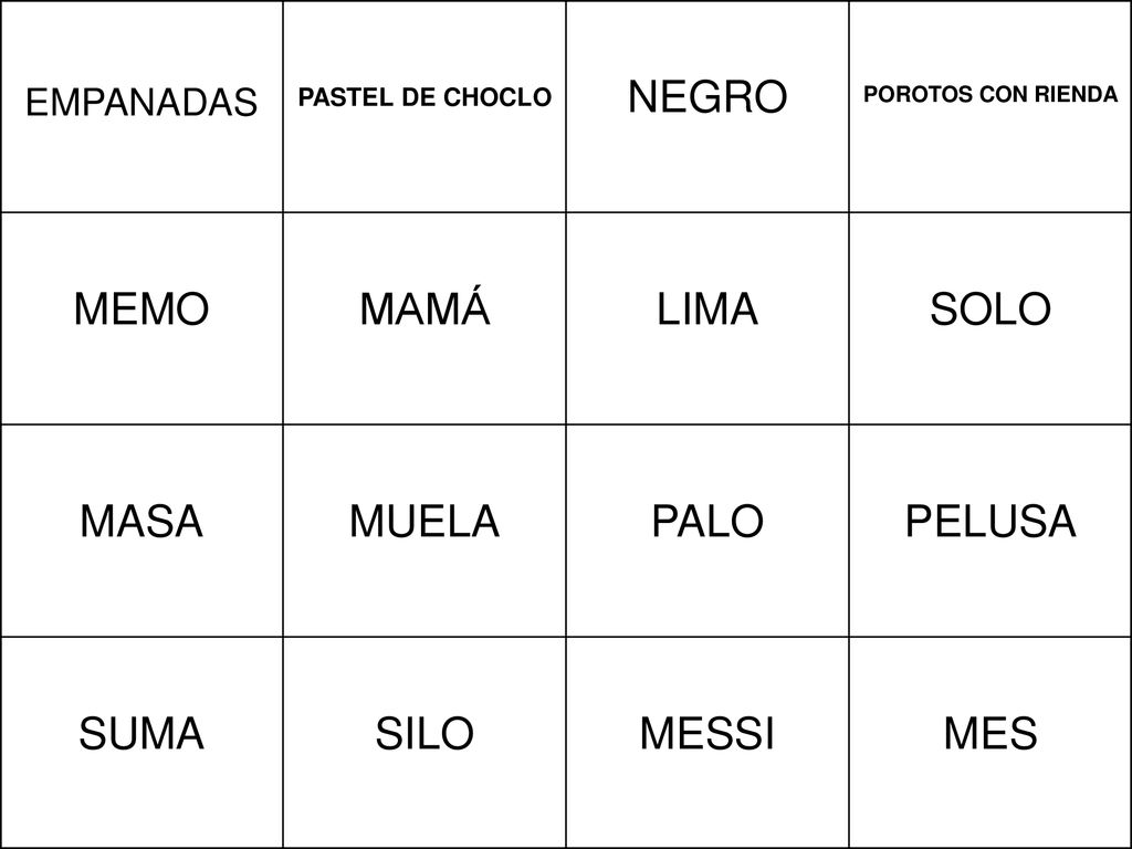 NEGRO MEMO MAMÁ LIMA SOLO MASA MUELA PALO PELUSA SUMA SILO MESSI MES