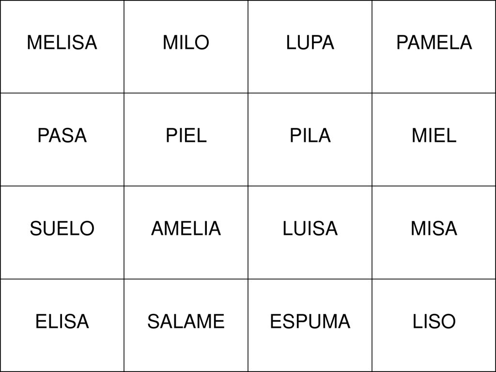 MELISA MILO LUPA PAMELA PASA PIEL PILA MIEL SUELO AMELIA LUISA MISA ELISA SALAME ESPUMA LISO