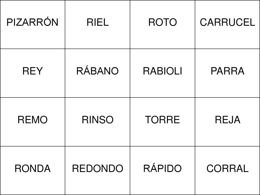 PIZARRÓN RIEL. ROTO. CARRUCEL. REY. RÁBANO. RABIOLI. PARRA. REMO. RINSO. TORRE. REJA. RONDA.