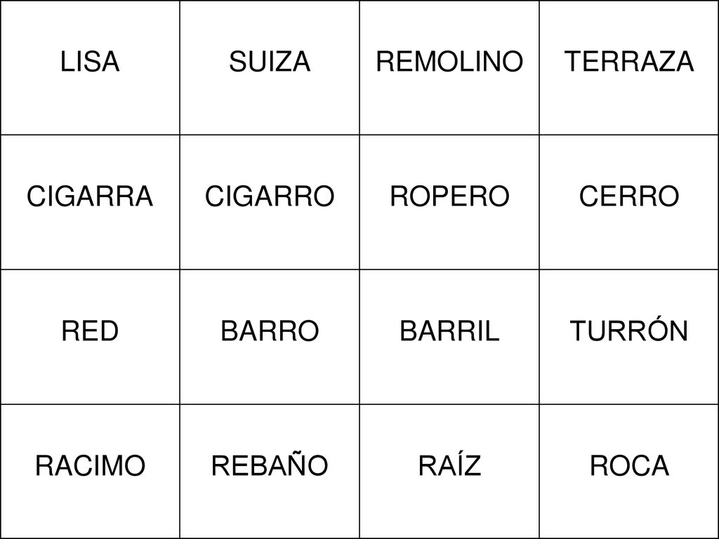 LISA SUIZA. REMOLINO. TERRAZA. CIGARRA. CIGARRO. ROPERO. CERRO. RED. BARRO. BARRIL. TURRÓN.