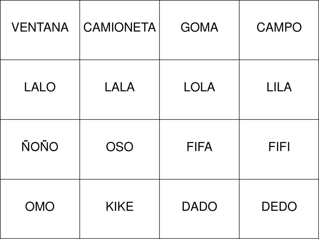 VENTANA CAMIONETA GOMA CAMPO LALO LALA LOLA LILA ÑOÑO OSO FIFA FIFI OMO KIKE DADO DEDO