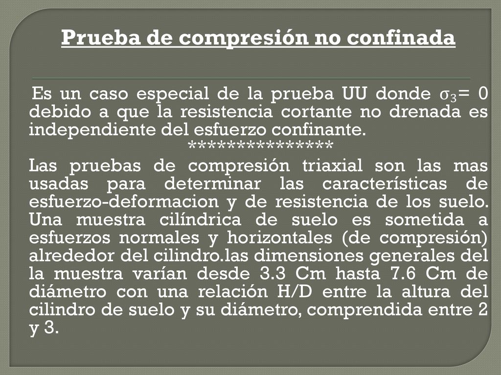 Prueba de compresión no confinada Es un caso especial de la prueba UU donde σ₃= 0 debido a que la resistencia cortante no drenada es independiente del esfuerzo confinante.