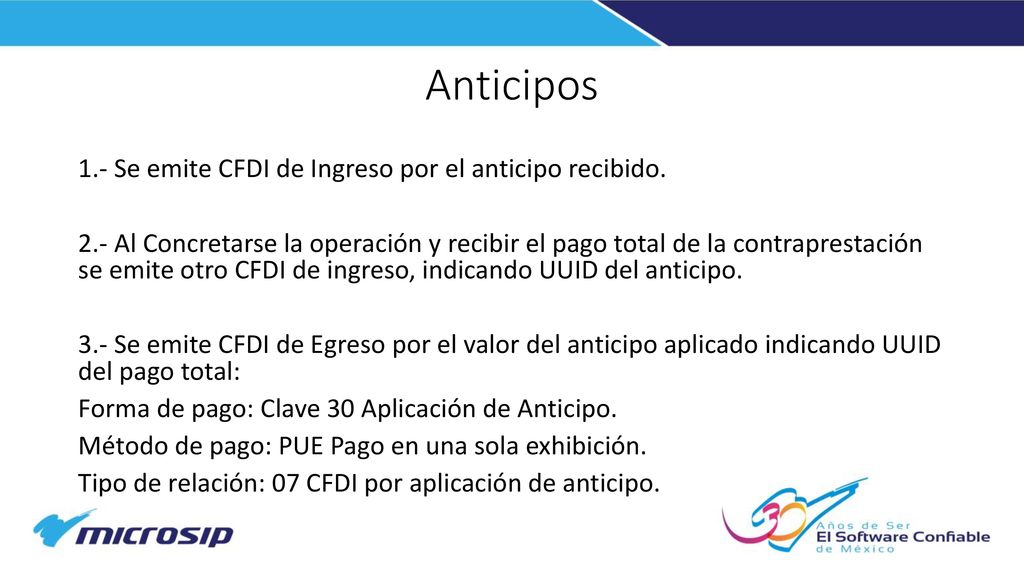 Anticipos 1.- Se emite CFDI de Ingreso por el anticipo recibido.