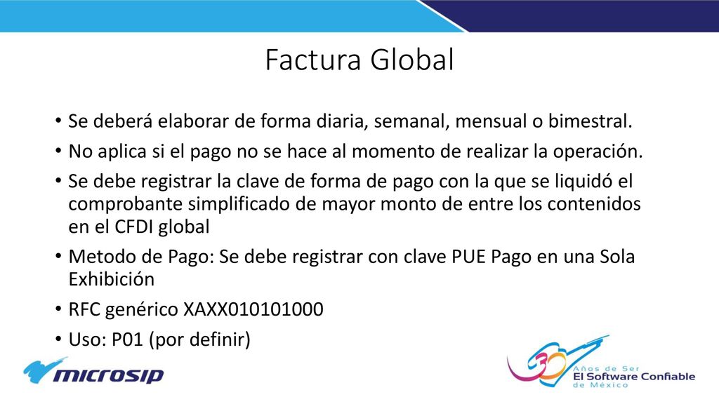 Factura Global Se deberá elaborar de forma diaria, semanal, mensual o bimestral.