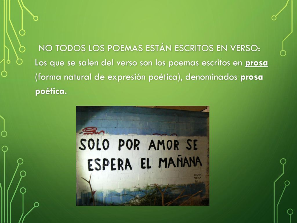 NO TODOS LOS POEMAS ESTÁN ESCRITOS EN VERSO: Los que se salen del verso son los poemas escritos en prosa (forma natural de expresión poética), denominados prosa poética.