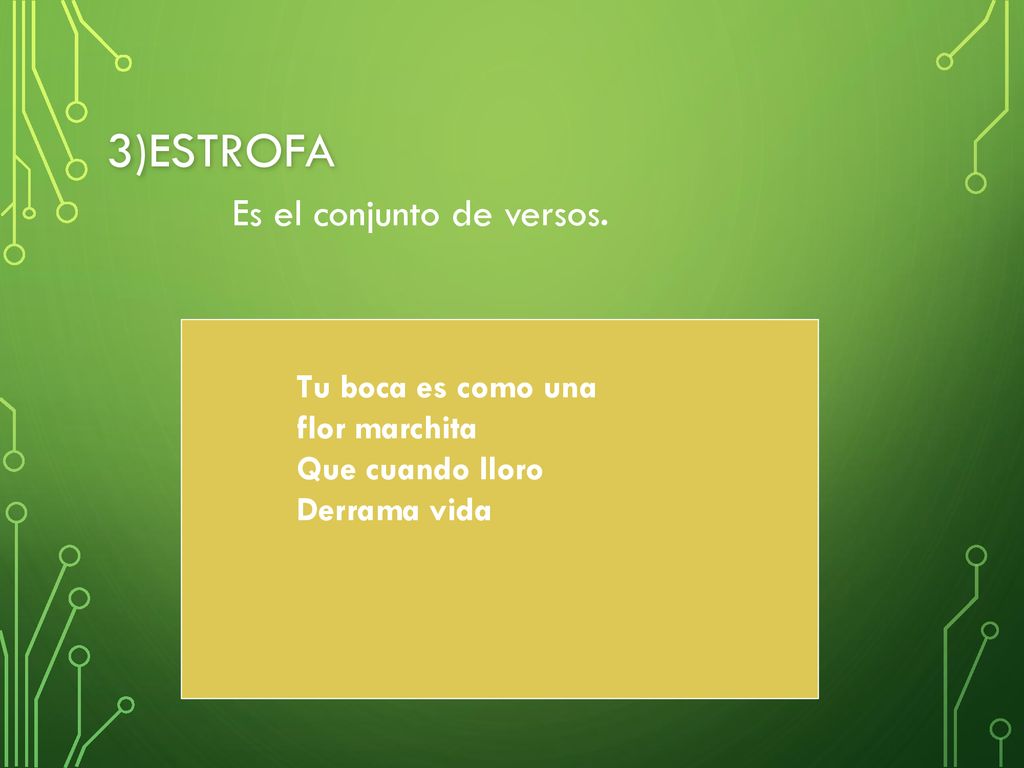 3)Estrofa Es el conjunto de versos. Tu boca es como una flor marchita