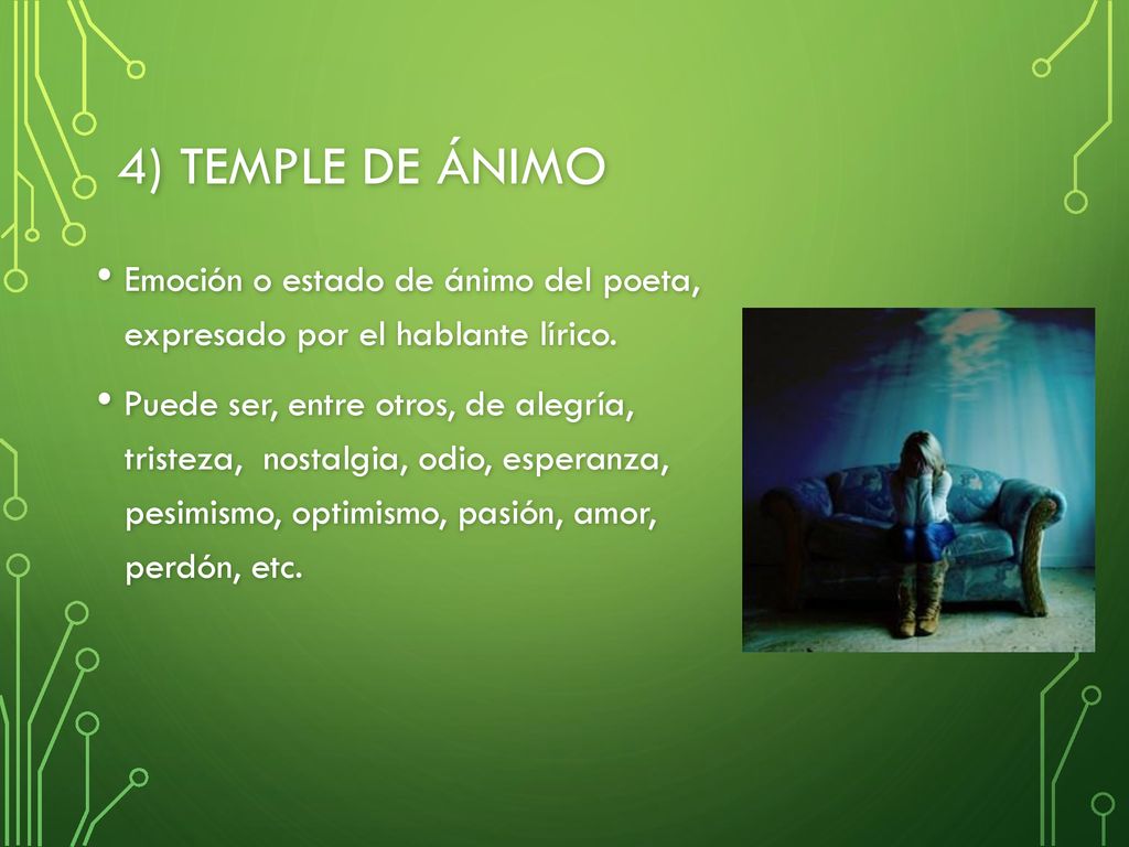 4) Temple de ánimo Emoción o estado de ánimo del poeta, expresado por el hablante lírico.