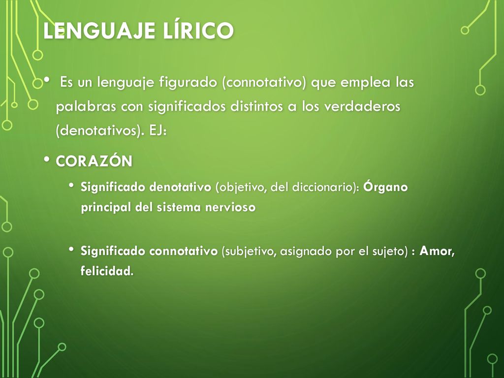 Lenguaje lírico Es un lenguaje figurado (connotativo) que emplea las palabras con significados distintos a los verdaderos (denotativos). EJ: