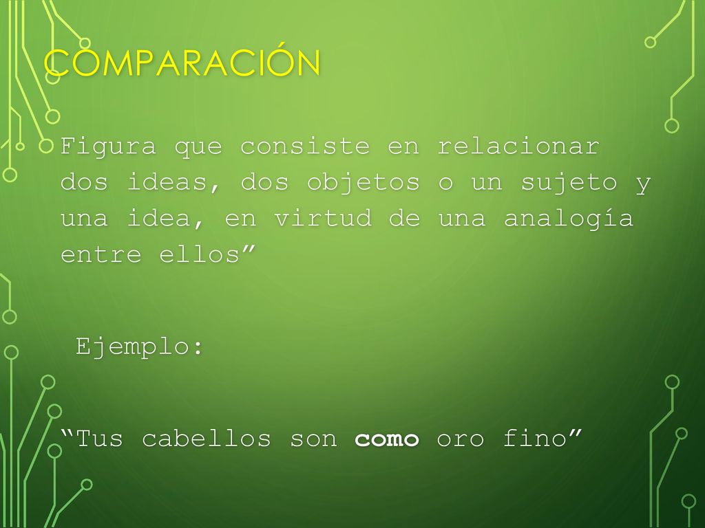 Comparación Figura que consiste en relacionar dos ideas, dos objetos o un sujeto y una idea, en virtud de una analogía entre ellos