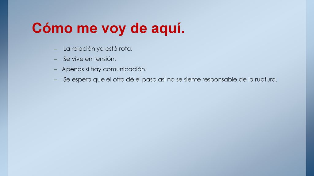 Cómo me voy de aquí. La relación ya está rota. Se vive en tensión.