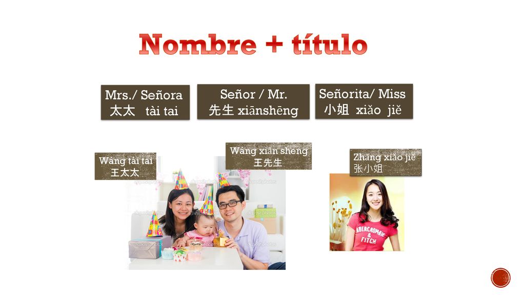 Nombre + título Mrs./ Señora 太太 tài tai Señor / Mr. 先生 xiānshēng