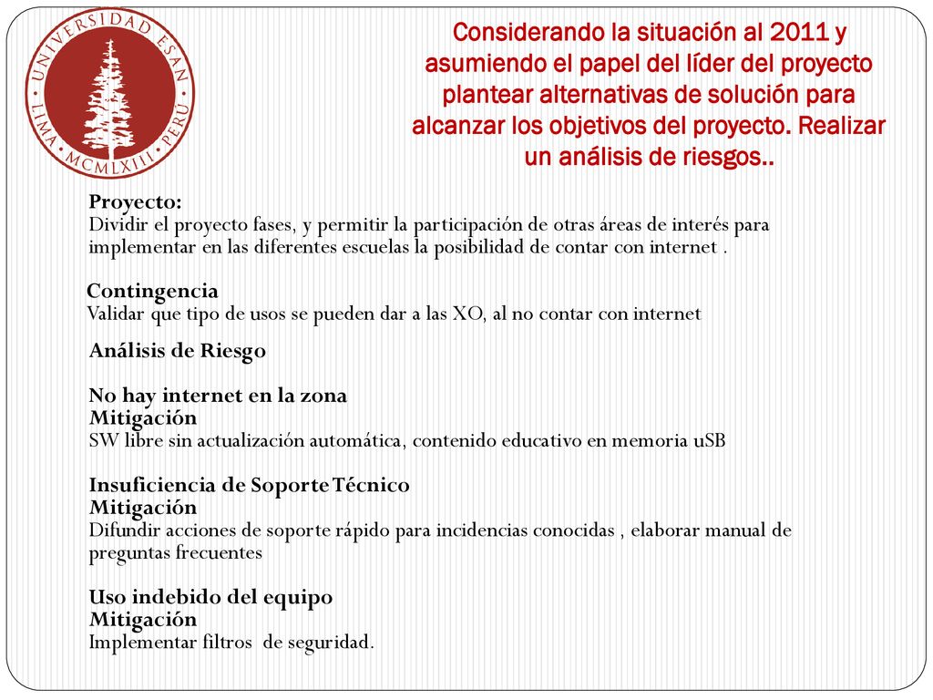 Considerando la situación al 2011 y asumiendo el papel del líder del proyecto