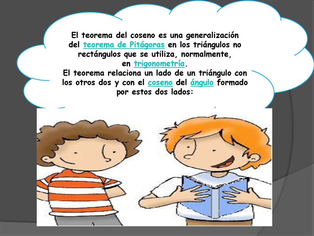 El teorema del coseno es una generalización del teorema de Pitágoras en los triángulos no rectángulos que se utiliza, normalmente, en trigonometría.