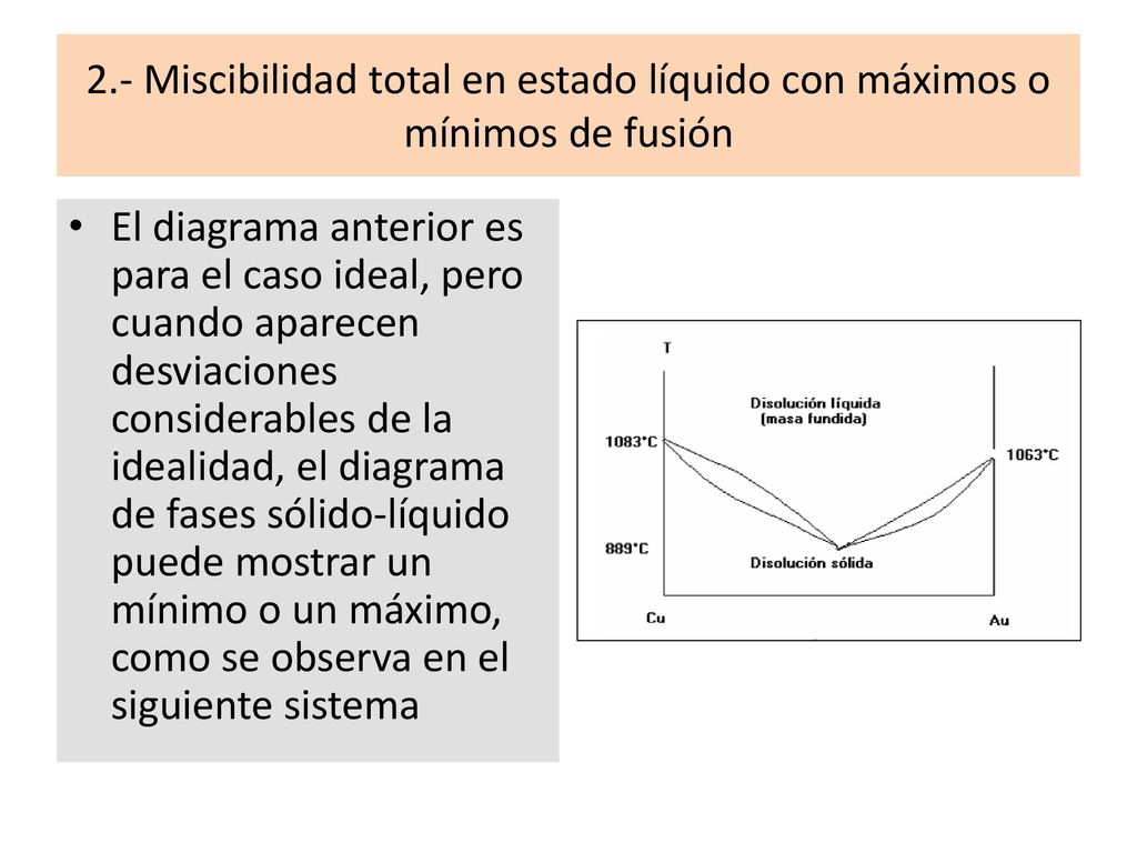 2.- Miscibilidad total en estado líquido con máximos o mínimos de fusión