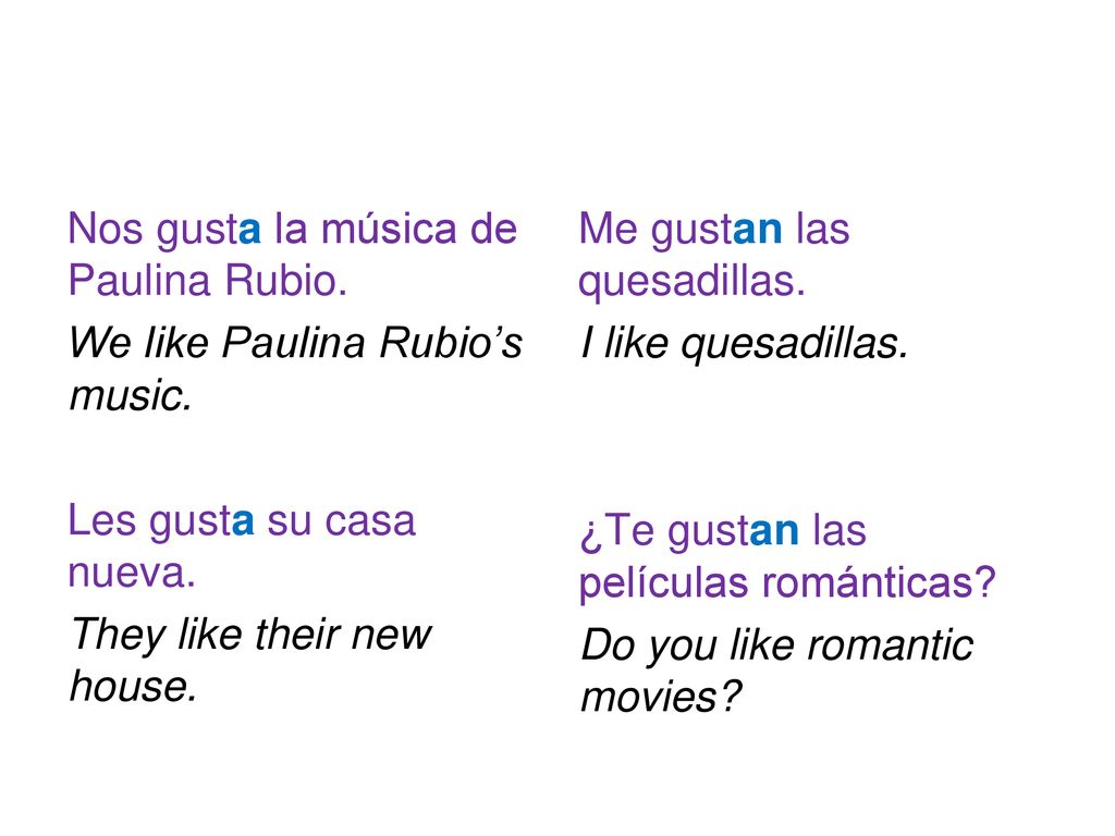 Nos gusta la música de Paulina Rubio. We like Paulina Rubio’s music