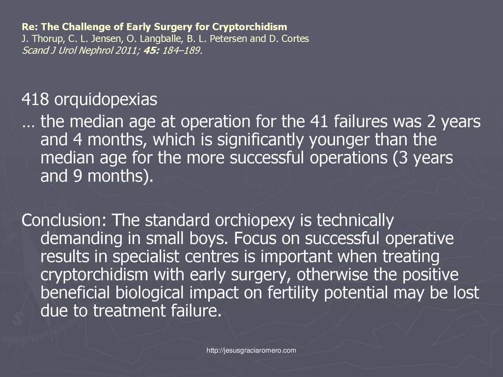 Re: The Challenge of Early Surgery for Cryptorchidism J. Thorup, C. L