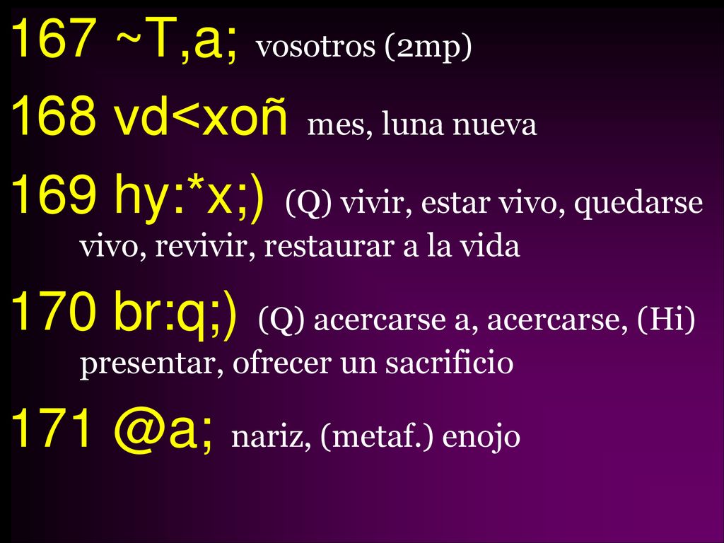 167 ~T,a; vosotros (2mp) 168 vd<xoñ mes, luna nueva 169 hy: