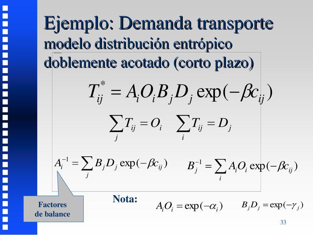 Ejemplo: Demanda transporte modelo distribución entrópico doblemente acotado (corto plazo)