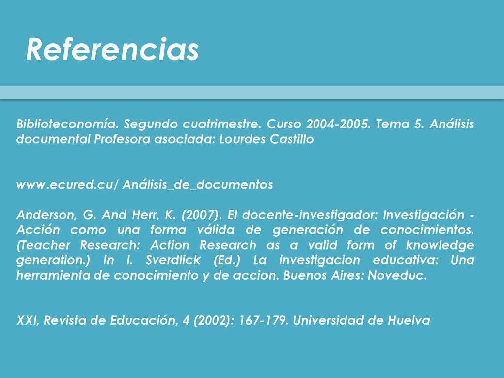 Referencias Biblioteconomía. Segundo cuatrimestre. Curso Tema 5. Análisis documental Profesora asociada: Lourdes Castillo.