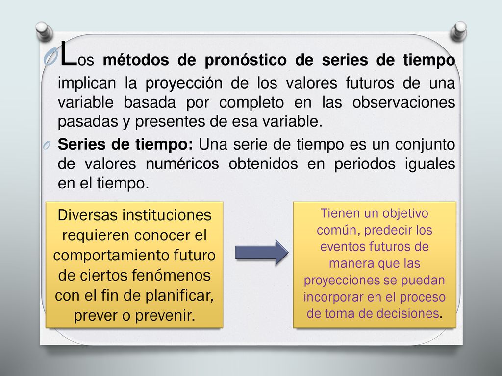 Los métodos de pronóstico de series de tiempo implican la proyección de los valores futuros de una variable basada por completo en las observaciones pasadas y presentes de esa variable.