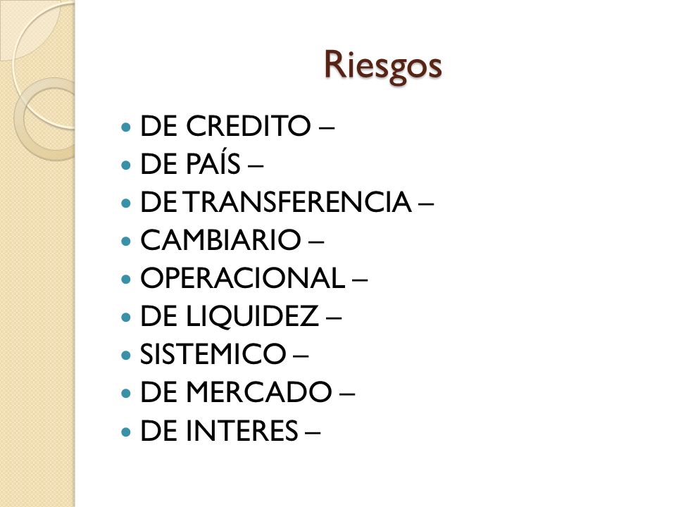 Riesgos DE CREDITO – DE PAÍS – DE TRANSFERENCIA – CAMBIARIO –