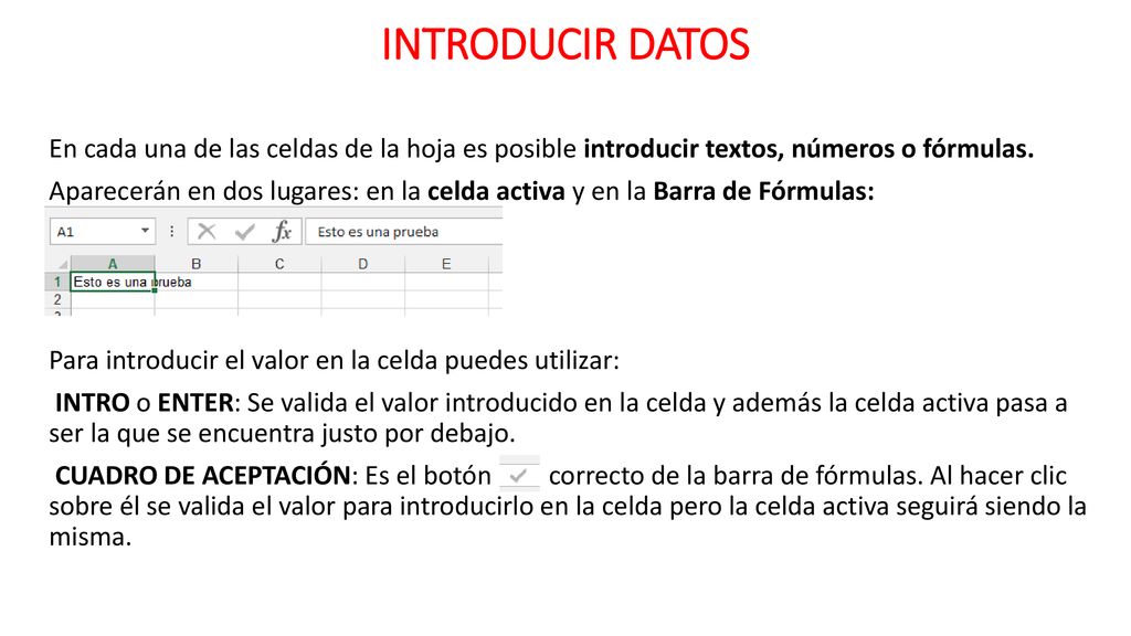 INTRODUCIR DATOS En cada una de las celdas de la hoja es posible introducir textos, números o fórmulas.
