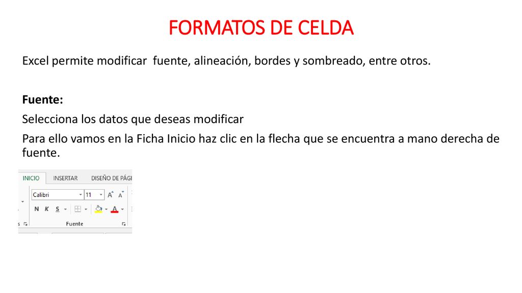FORMATOS DE CELDA Excel permite modificar fuente, alineación, bordes y sombreado, entre otros. Fuente: