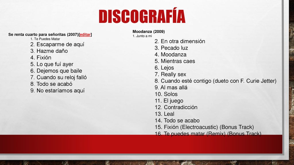 discografía 2. En otra dimensión 3. Pecado luz 4. Moodanza