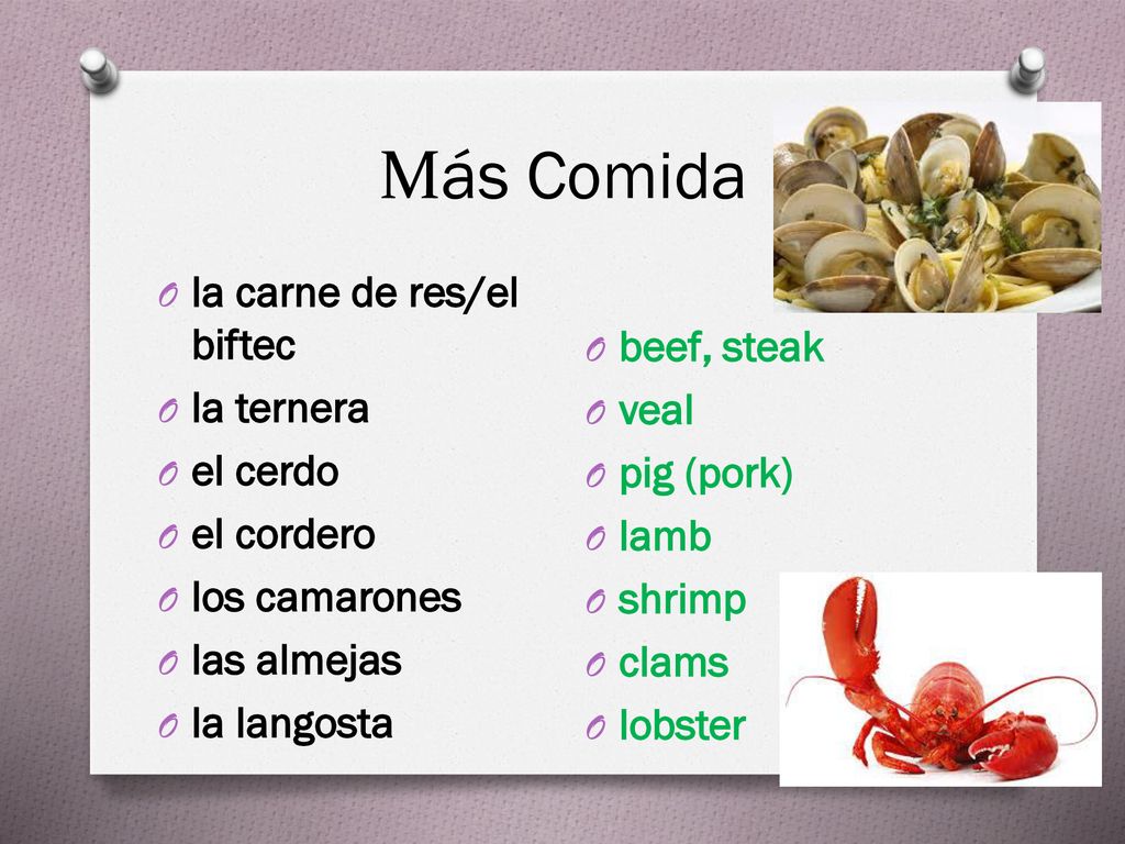 Más Comida la carne de res/el biftec la ternera beef, steak el cerdo