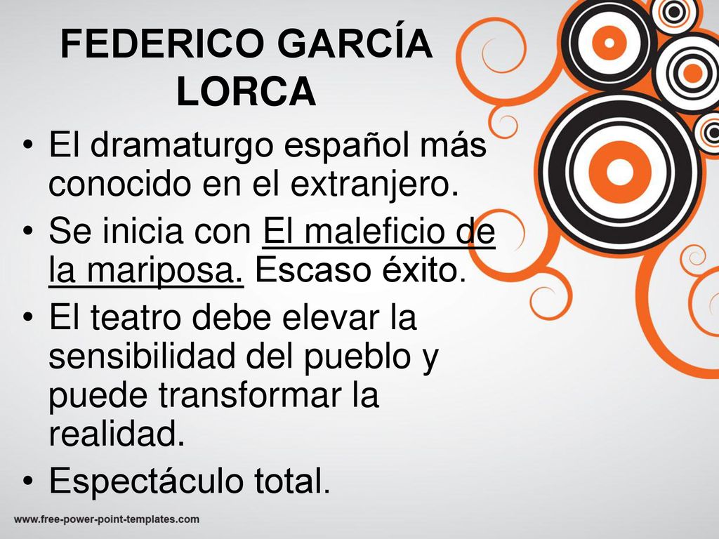 FEDERICO GARCÍA LORCA El dramaturgo español más conocido en el extranjero. Se inicia con El maleficio de la mariposa. Escaso éxito.