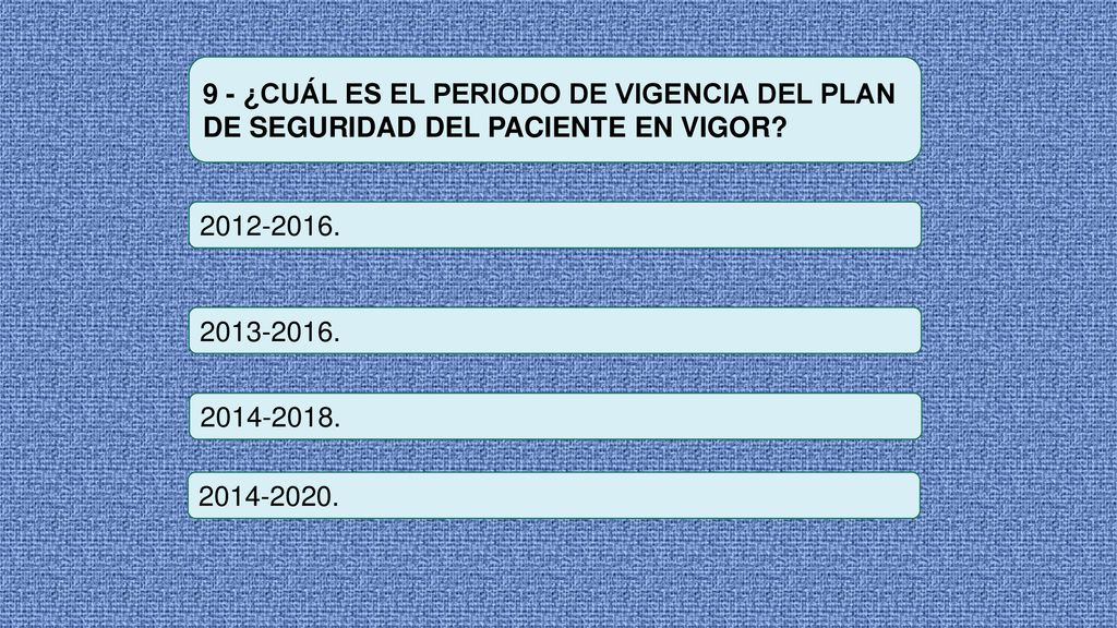 9 - ¿CUÁL ES EL PERIODO DE VIGENCIA DEL PLAN DE SEGURIDAD DEL PACIENTE EN VIGOR