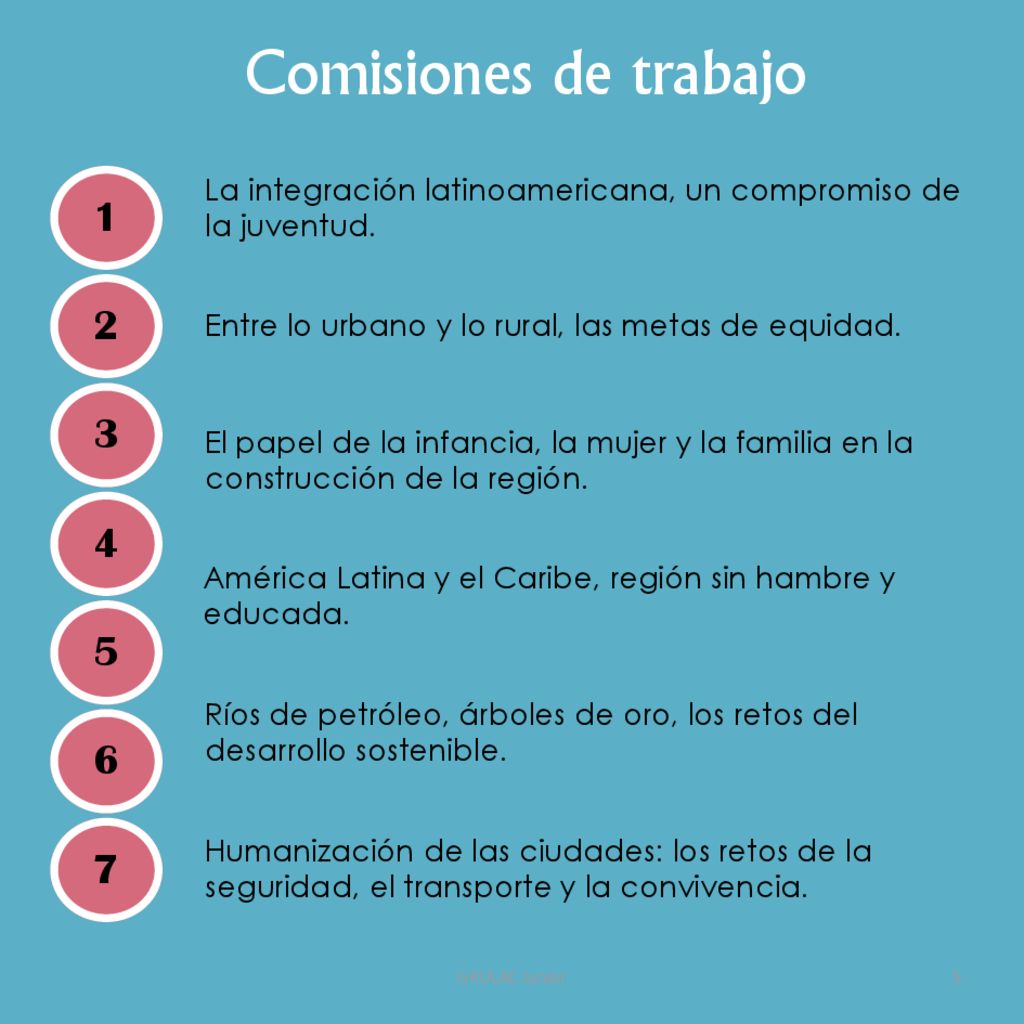 Comisiones de trabajo 1. La integración latinoamericana, un compromiso de la juventud. 2. Entre lo urbano y lo rural, las metas de equidad.
