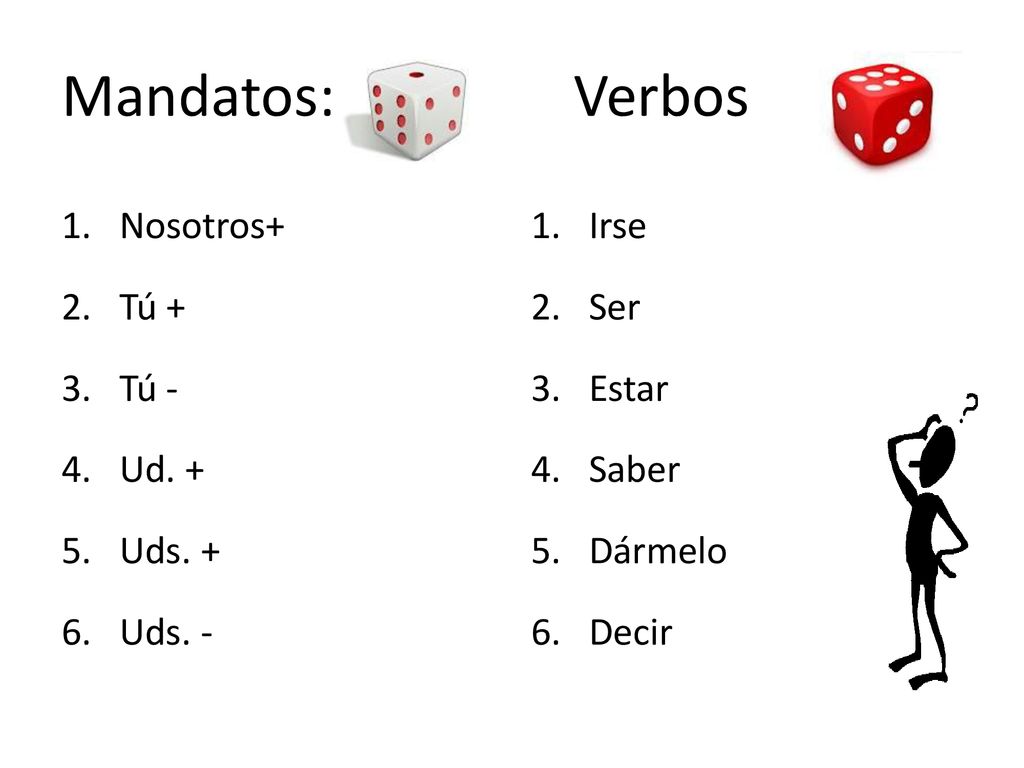 Mandatos: Verbos Nosotros+ Tú + Tú - Ud. + Uds. + Uds. - Irse Ser
