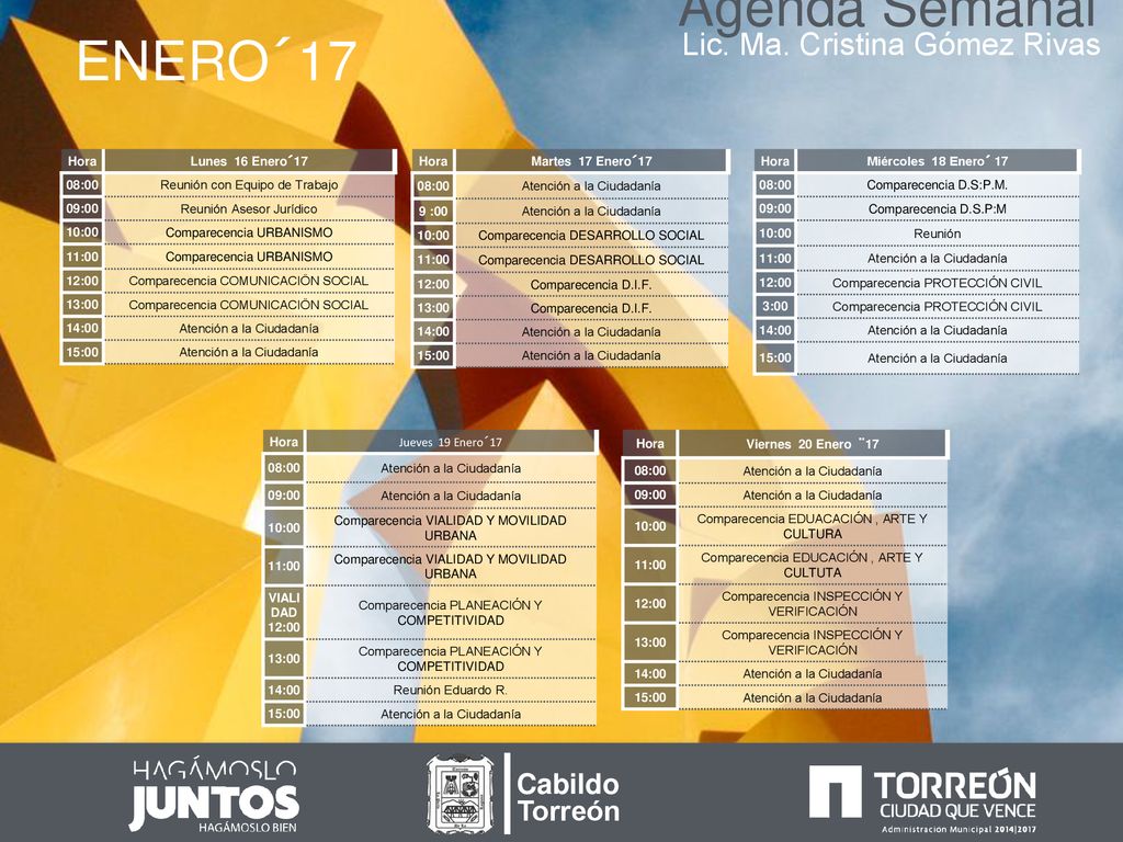 Agenda Semanal ENERO´17 Lic. Ma. Cristina Gómez Rivas Cabildo Torreón