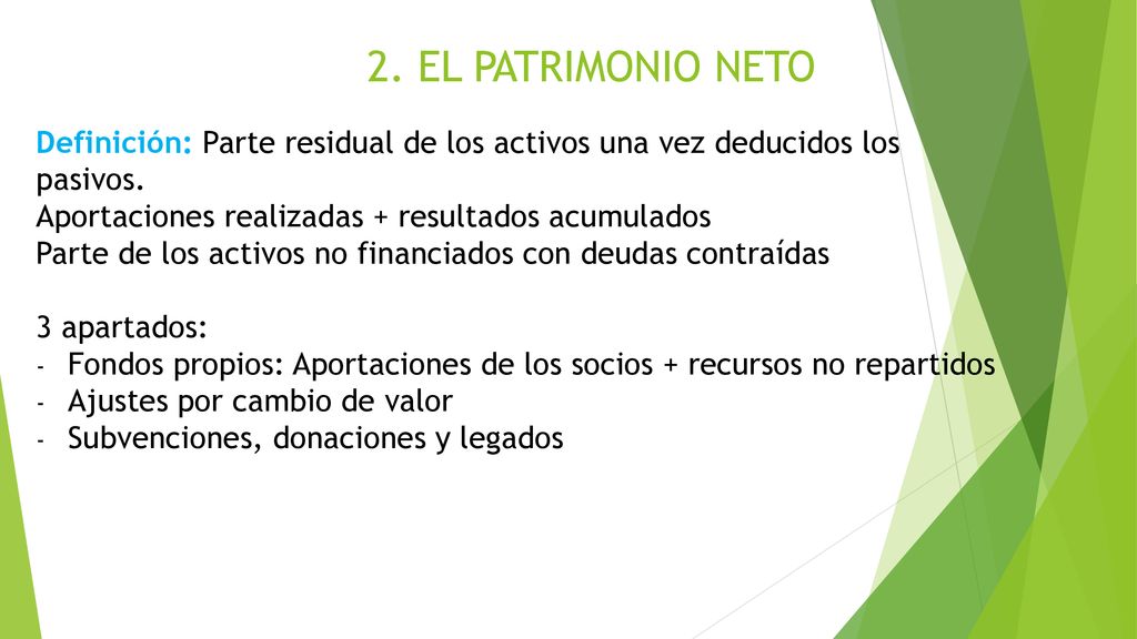 2. EL PATRIMONIO NETO Definición: Parte residual de los activos una vez deducidos los pasivos. Aportaciones realizadas + resultados acumulados.