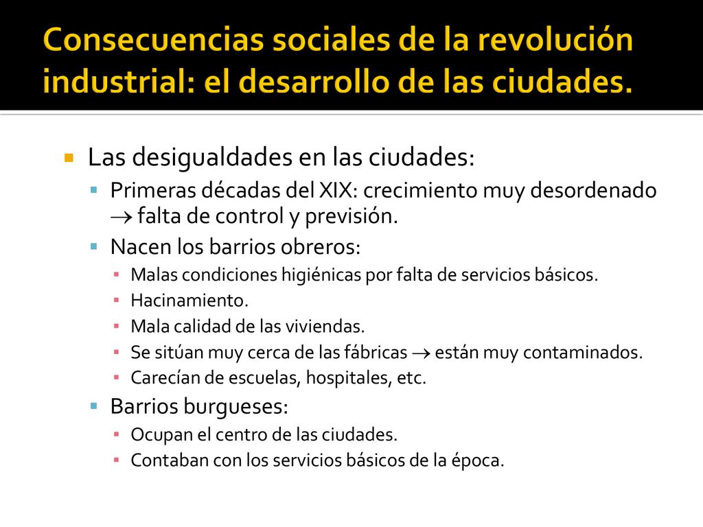 Consecuencias sociales de la revolución industrial: el desarrollo de las ciudades.
