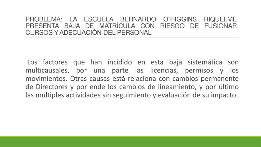 PROBLEMA: LA ESCUELA BERNARDO O HIGGINS RIQUELME PRESENTA BAJA DE MATRÍCULA CON RIESGO DE FUSIONAR CURSOS Y ADECUACIÓN DEL PERSONAL